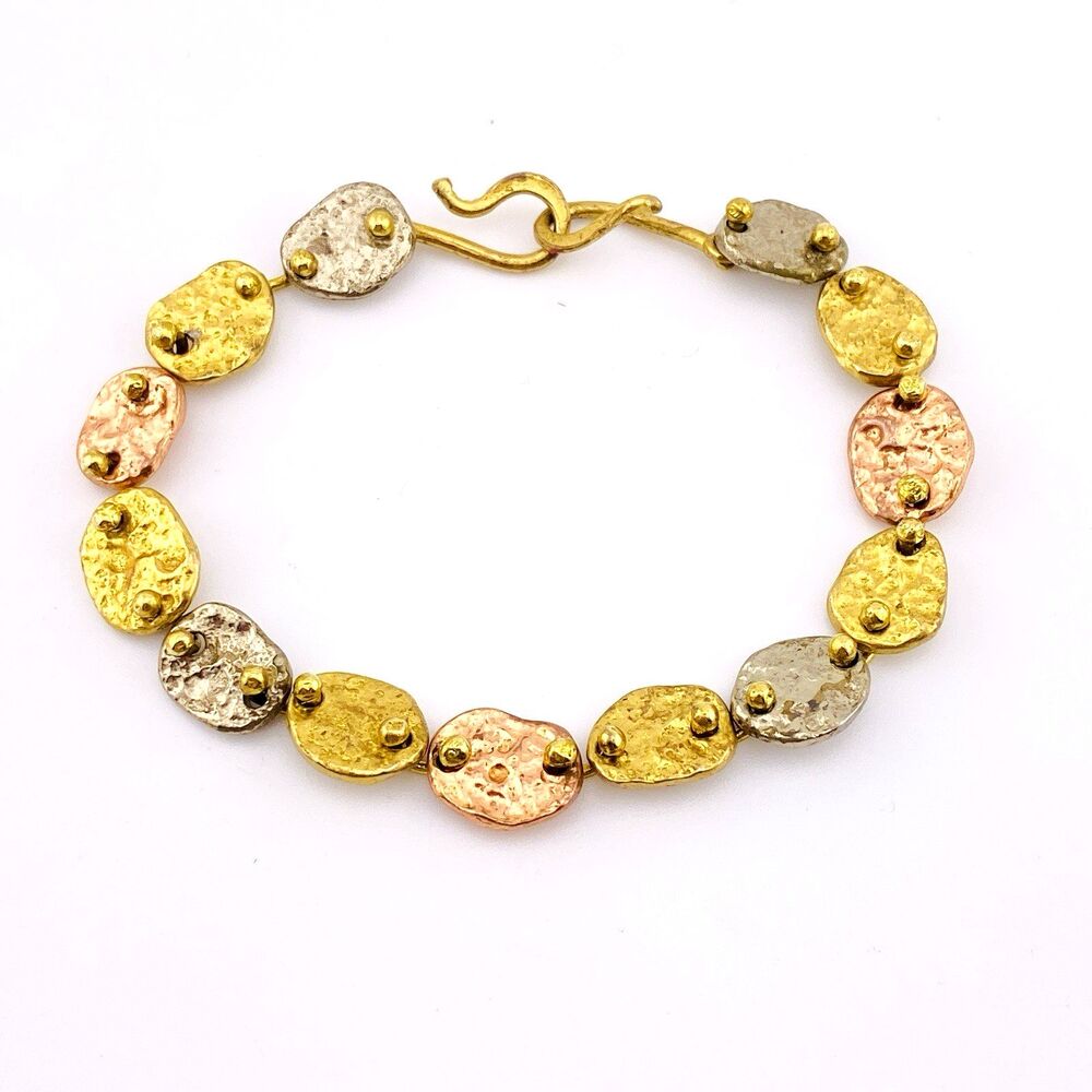 Brutalist Modernist Anne Dick Oval Hammered Mixed Metal Disc Links Bracelet VTG